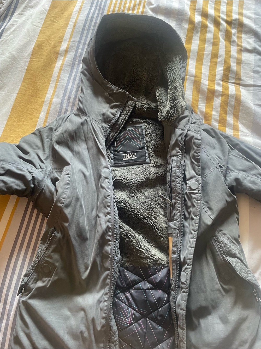 TNA Women's Gray Hooded Puffer Coat with Sherpa Lining